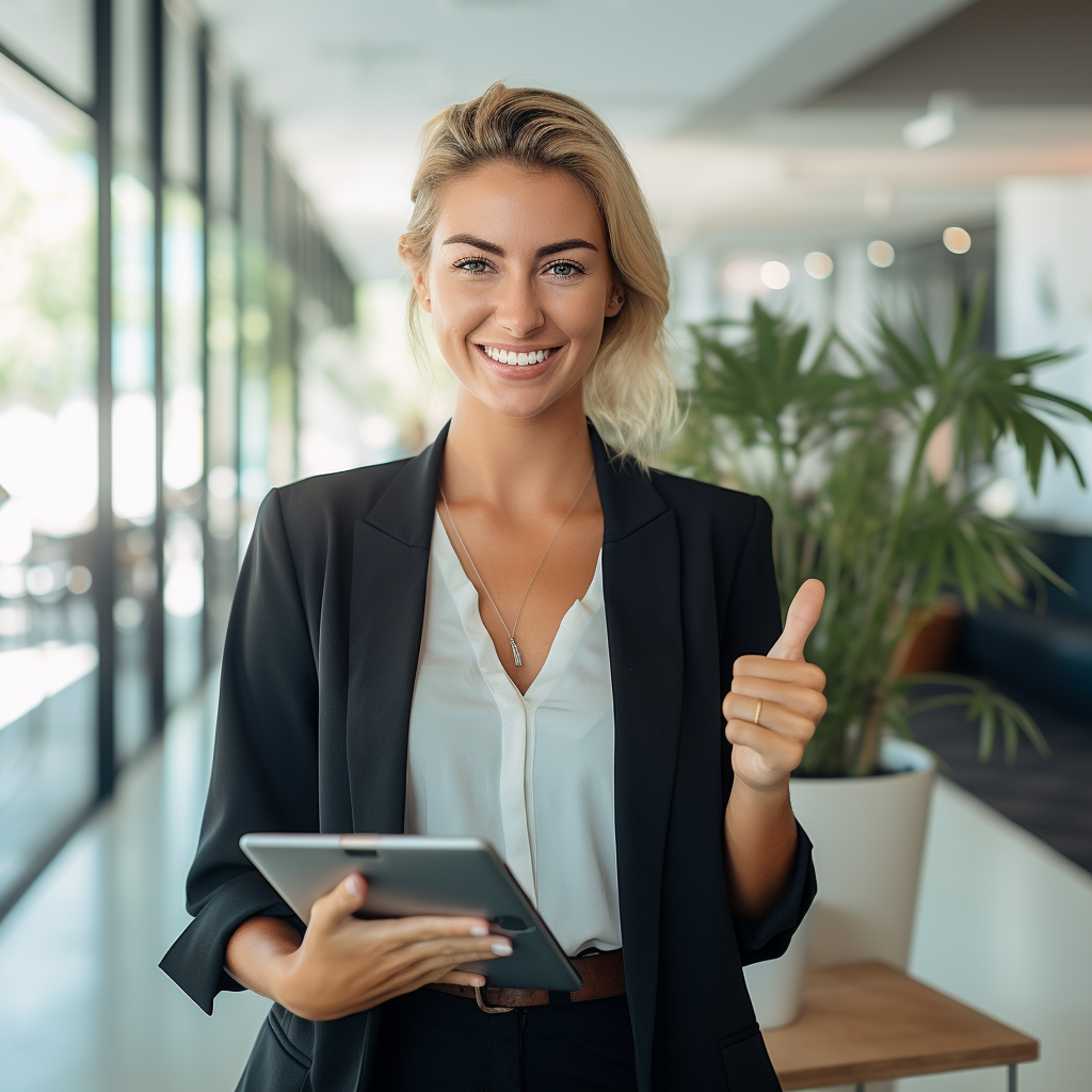 ReviMate.io Grow, Protect & Automate Your Google Reviews Australian Female Business Owner Happy Showing Off Her 5 Star Google Reviews On Her Ipad (1)