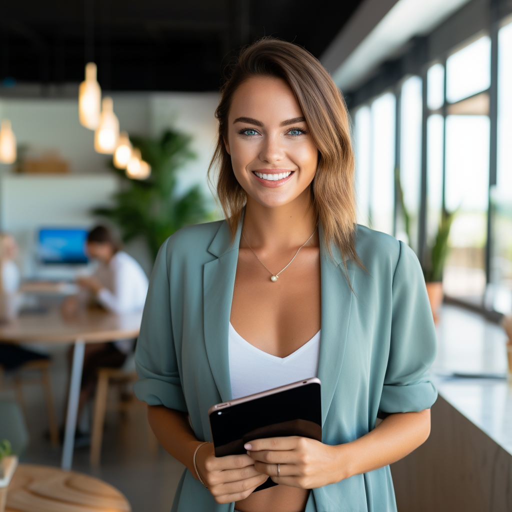 ReviMate.io Grow, Protect & Automate Your Google Reviews Australian Female Business Owner Happy Showing Off Her 5 Star Google Reviews On Her Ipad (3)
